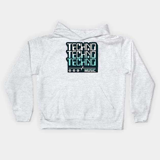 TECHNO  - Retro Computer Font  (Teal) Kids Hoodie by DISCOTHREADZ 